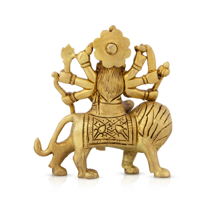 Durga Idol Sitting On Lion - 4.5 x 4 Inches | Antique Brass Idol/ Durga Murti With Eight Hands for Pooja - Brass Murties