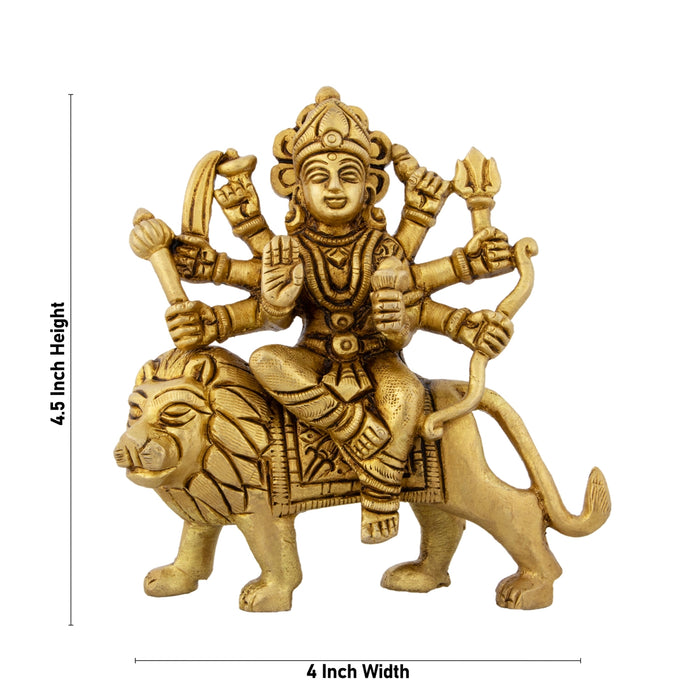 Durga Idol Sitting On Lion - 4.5 x 4 Inches | Antique Brass Idol/ Durga Murti With Eight Hands for Pooja - Brass Murties