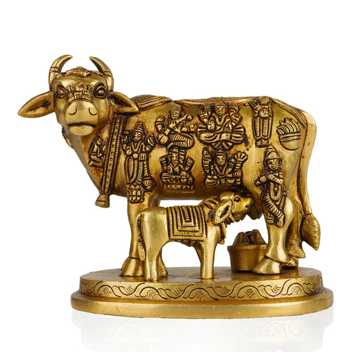 Cow With Calf Idol - 6.5 x 6 Inches | Antique Brass Idol/ Kamdhenu Cow With Calf Statue for Home/ 2.180 Kgs - Table Stand Accessories