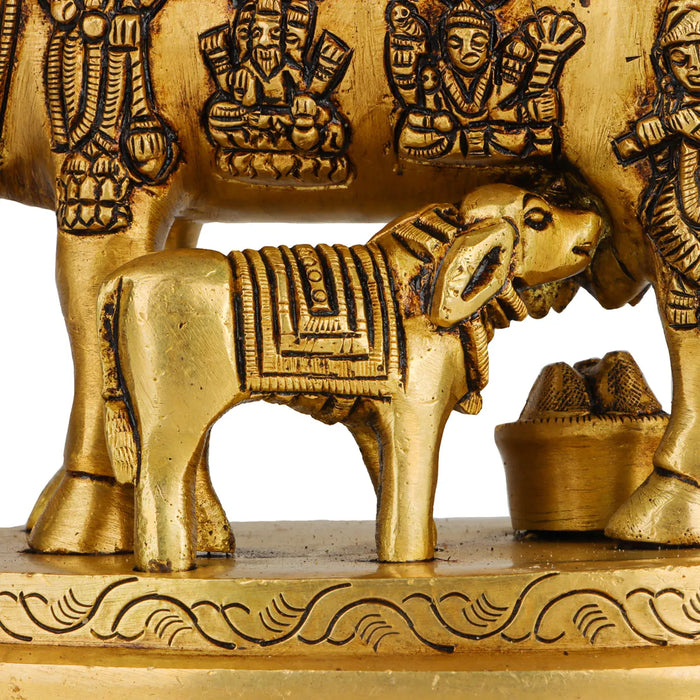 Cow With Calf Idol - 6.5 x 6 Inches | Antique Brass Idol/ Kamdhenu Cow With Calf Statue for Home/ 2.180 Kgs - Table Stand Accessories