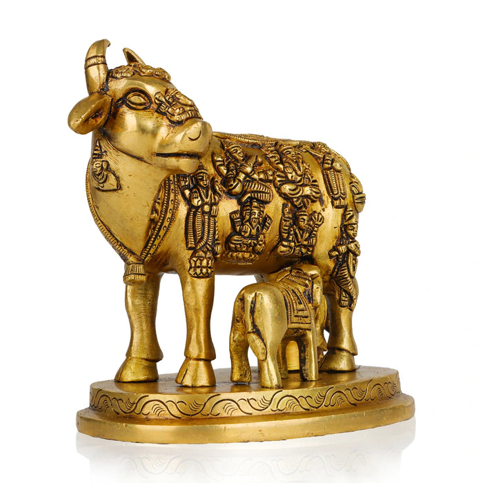 Cow With Calf Idol - 6.5 x 6 Inches | Antique Brass Idol/ Kamdhenu Cow With Calf Statue for Home/ 2.180 Kgs - Table Stand Accessories