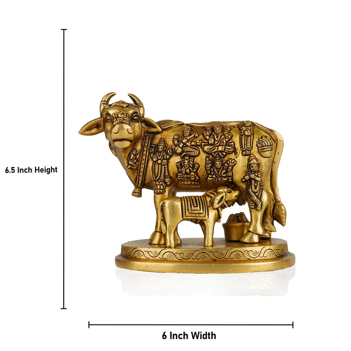 Cow With Calf Idol - 6.5 x 6 Inches | Antique Brass Idol/ Kamdhenu Cow With Calf Statue for Home/ 2.180 Kgs - Table Stand Accessories