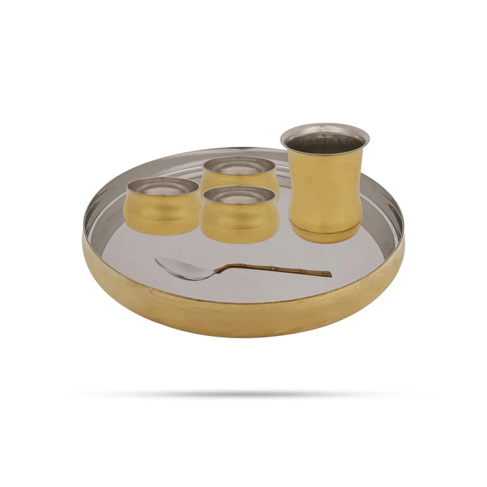 Dinner Set - 13 Inches| 5 Pcs / Stainless Steel & Brass Finish Thali Set / Serving Set For Home & Kitchen