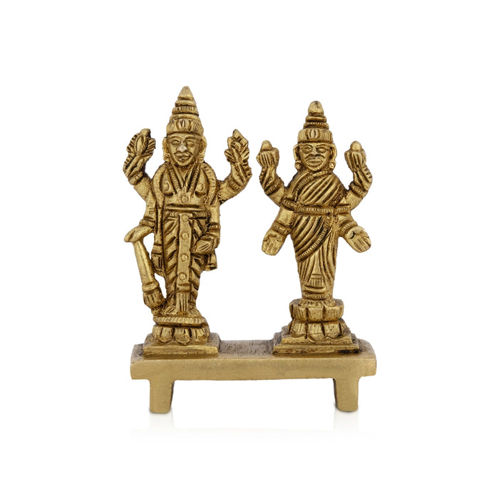 Vishnu Lakshmi Idol Standing On Base - 2 X 2 Inches | Antique Brass Idol/ Laxmi Vishnu Murti For Pooja Decor - Brass Murties