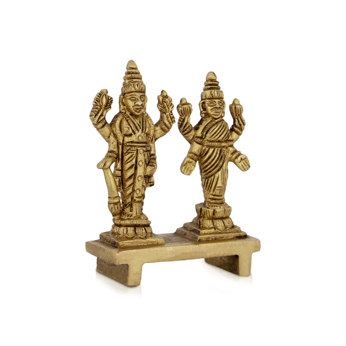 Vishnu Lakshmi Idol Standing On Base - 2 X 2 Inches | Antique Brass Idol/ Laxmi Vishnu Murti For Pooja Decor - Brass Murties