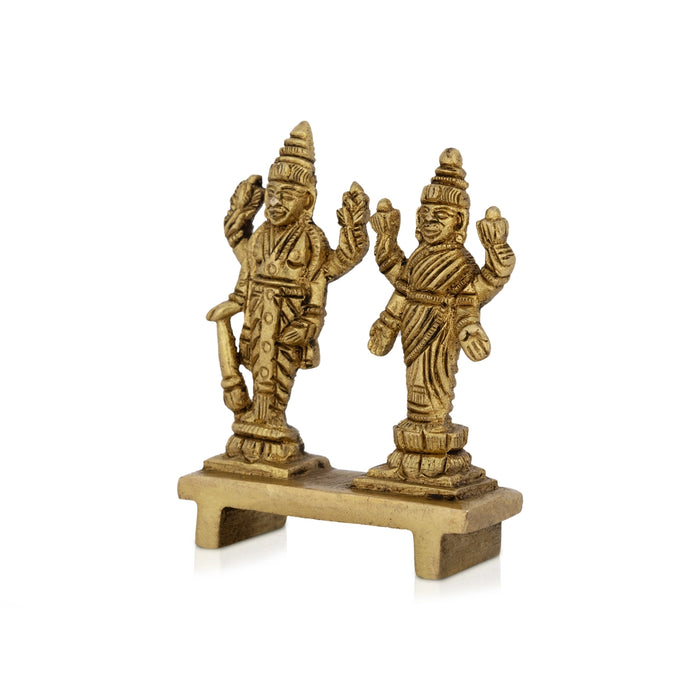 Vishnu Lakshmi Idol Standing On Base - 2 X 2 Inches | Antique Brass Idol/ Laxmi Vishnu Murti For Pooja Decor - Brass Murties