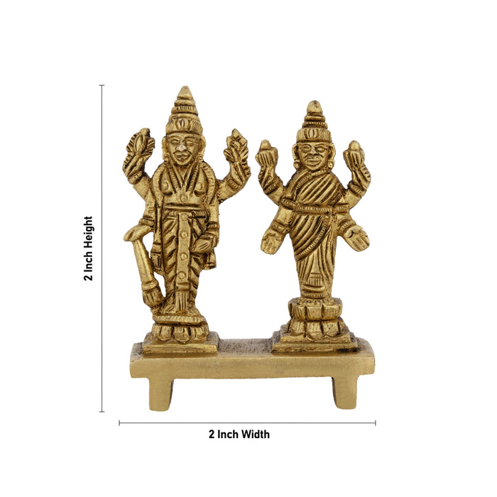 Vishnu Lakshmi Idol Standing On Base - 2 X 2 Inches | Antique Brass Idol/ Laxmi Vishnu Murti For Pooja Decor - Brass Murties