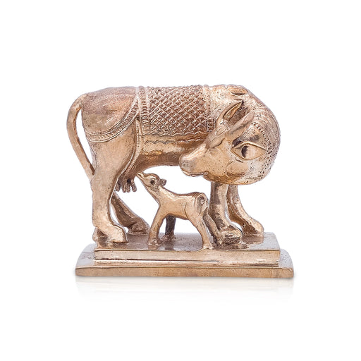 Cow With Calf Idol With Base - 2 x 2.5 Inches | Panchaloha Idol/ Kamdhenu Cow And Calf Statue for Home - Table Stand Accessories