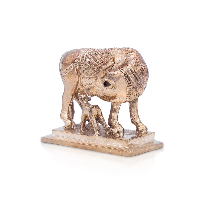 Cow With Calf Idol With Base - 2 x 2.5 Inches | Panchaloha Idol/ Kamdhenu Cow And Calf Statue for Home - Table Stand Accessories