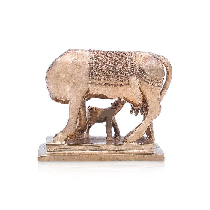 Cow With Calf Idol With Base - 2 x 2.5 Inches | Panchaloha Idol/ Kamdhenu Cow And Calf Statue for Home - Table Stand Accessories