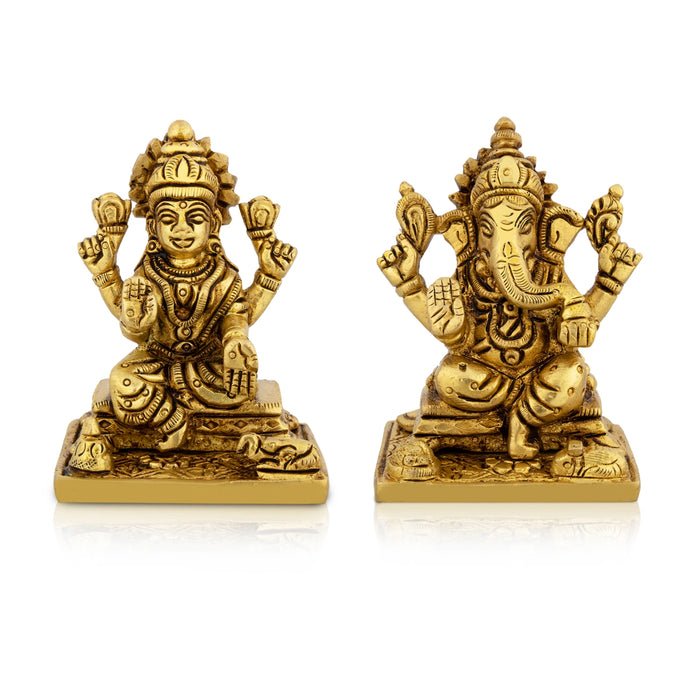 Lakshmi Idol & Ganesh Idol Sitting On Base Pair - 3 x 2 Inches/ Brass Idol/ Ganpati Murti&Laxmi Murti for Pooja - Brass Murties