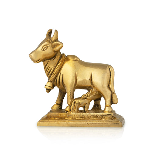 Cow and Calf Idol - 2 x 2 Inches | Brass Kamadhenu Statue / Cow Calf Idol for Pooja - Brass Murties