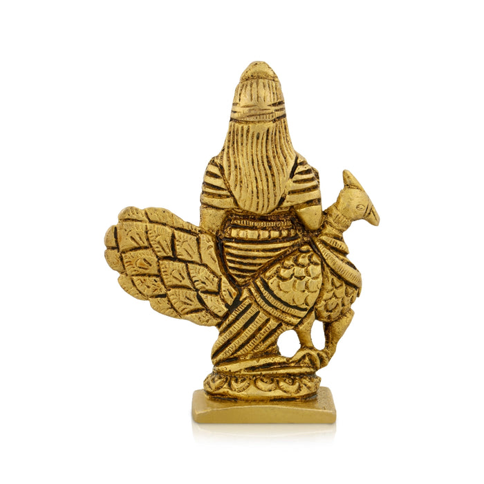 Murugan Statue With Peacock - 3 x 2.5 Inches | Antique Brass Idol/ Kartikeya Statue Standing On Base for Pooja - Brass Murties
