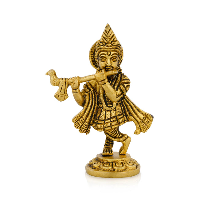 Flute Krishna Murti Standing On Base - 4 x 2.5 Inches | Antique Brass Idol/ Krishna Idol for Pooja - Brass Murties