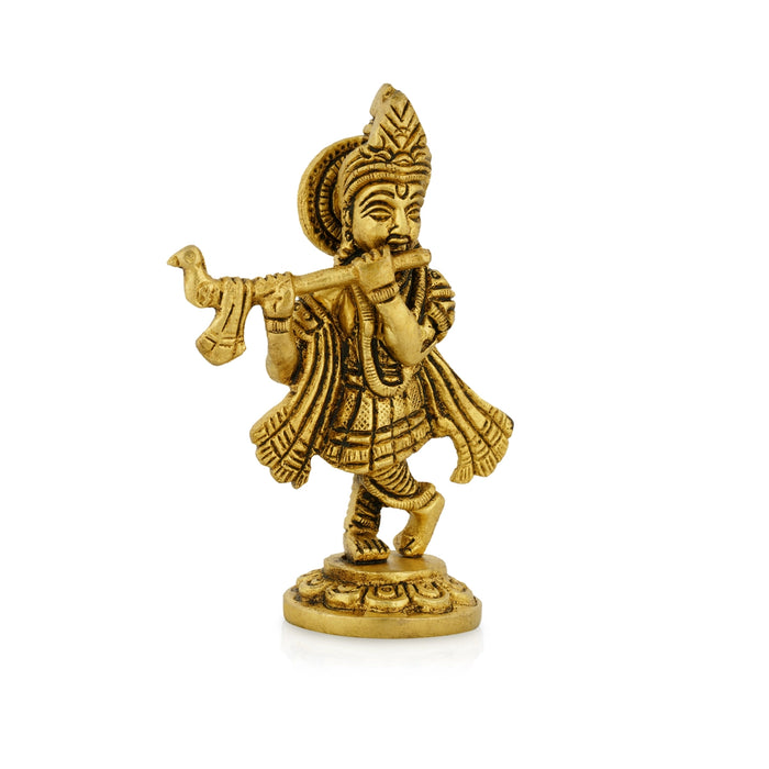 Flute Krishna Murti Standing On Base - 4 x 2.5 Inches | Antique Brass Idol/ Krishna Idol for Pooja - Brass Murties