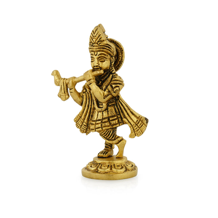 Flute Krishna Murti Standing On Base - 4 x 2.5 Inches | Antique Brass Idol/ Krishna Idol for Pooja - Brass Murties