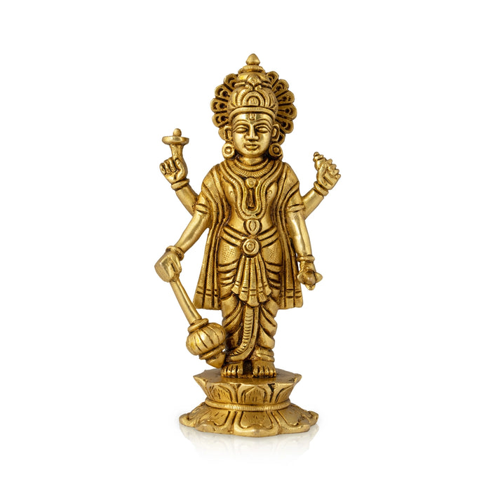 Vishnu Standing On Lotus Base Murti - 6 x 3 Inches | Antique Brass Idol / Vishnu Bhagwan Statue For Pooja - Brass Murties