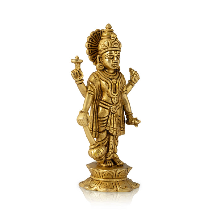 Vishnu Standing On Lotus Base Murti - 6 x 3 Inches | Antique Brass Idol / Vishnu Bhagwan Statue For Pooja - Brass Murties