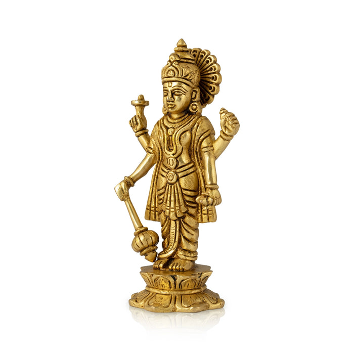 Vishnu Standing On Lotus Base Murti - 6 x 3 Inches | Antique Brass Idol / Vishnu Bhagwan Statue For Pooja - Brass Murties