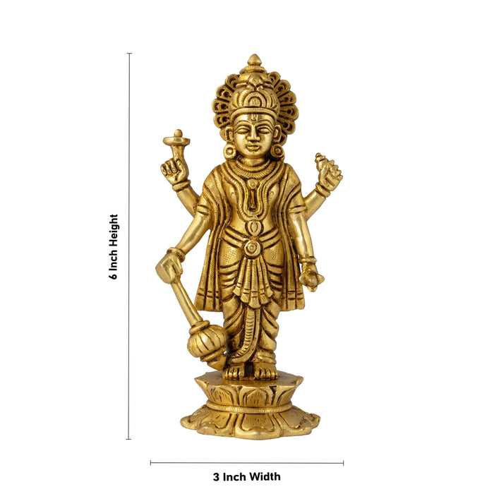 Vishnu Standing On Lotus Base Murti - 6 x 3 Inches | Antique Brass Idol / Vishnu Bhagwan Statue For Pooja - Brass Murties
