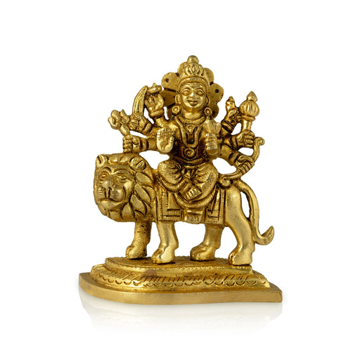 Durga Sitting On Lion On Leaf Base - 3.5 x 8 Inches | Brass Idol / Lion Durga Statue For Pooja - Brass Murties