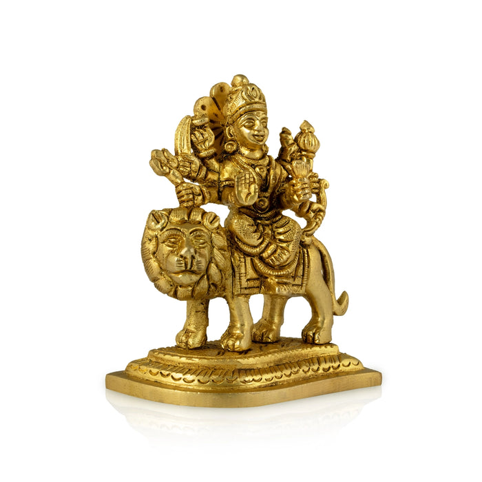 Durga Sitting On Lion On Leaf Base - 3.5 x 8 Inches | Brass Idol / Lion Durga Statue For Pooja - Brass Murties