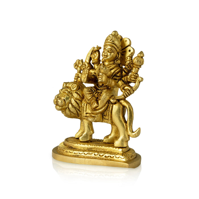 Durga Sitting On Lion On Leaf Base - 3.5 x 8 Inches | Brass Idol / Lion Durga Statue For Pooja - Brass Murties