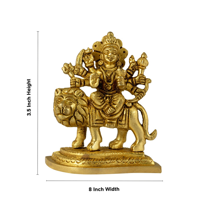 Durga Sitting On Lion On Leaf Base - 3.5 x 8 Inches | Brass Idol / Lion Durga Statue For Pooja - Brass Murties