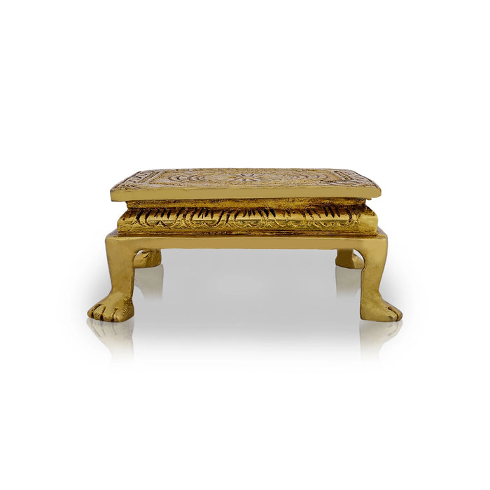 Pooja Chowki With Leg - 1.75 x 3.5 x 3.5 Inches | Brass & Antique Polish Bajot/ Flower Design Patla for Pooja - Pooja Aasan & Bajot & Pooja Mat
