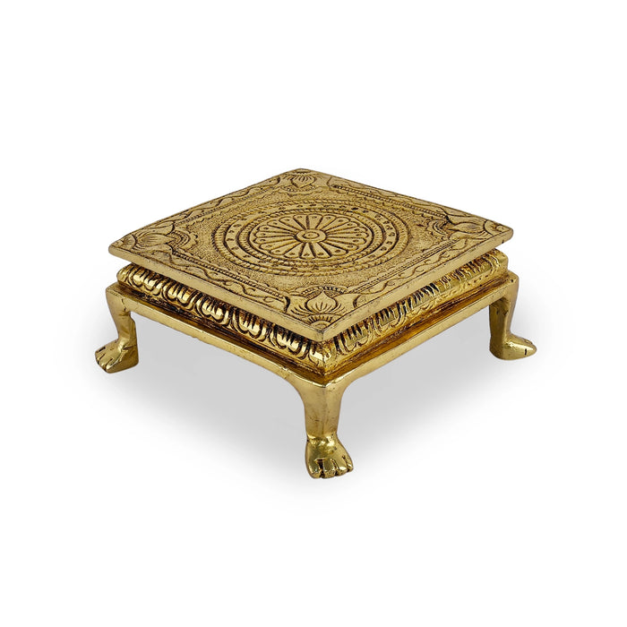 Pooja Chowki With Leg - 1.75 x 3.5 x 3.5 Inches | Brass & Antique Polish Bajot/ Flower Design Patla for Pooja - Pooja Aasan & Bajot & Pooja Mat