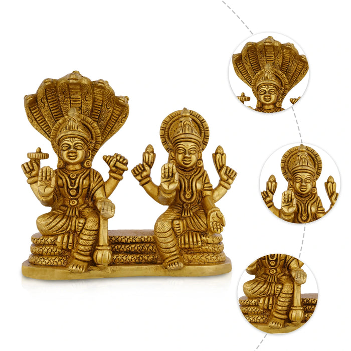 Vishnu Lakshmi Sitting on Sheshnag Murti - 2.75 x 5.75 | Brass Idol/ Vishnu Laxmi Statue For Pooja