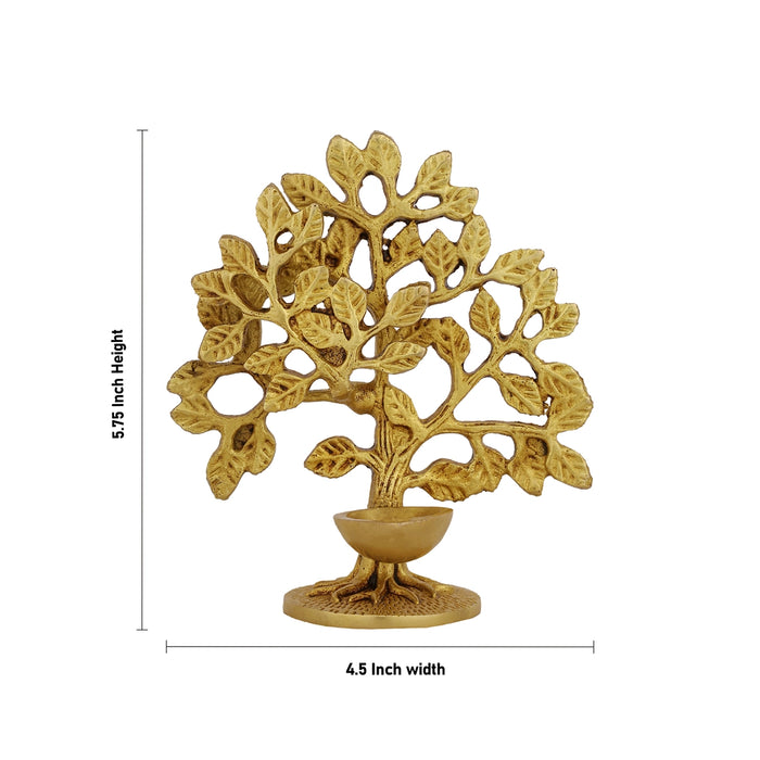 Tree With Deep - 5.75 x 4.5 Inches | Antique Brass Tree With Vilakku / Karpaga Viruksham Tree with Diya for Pooja