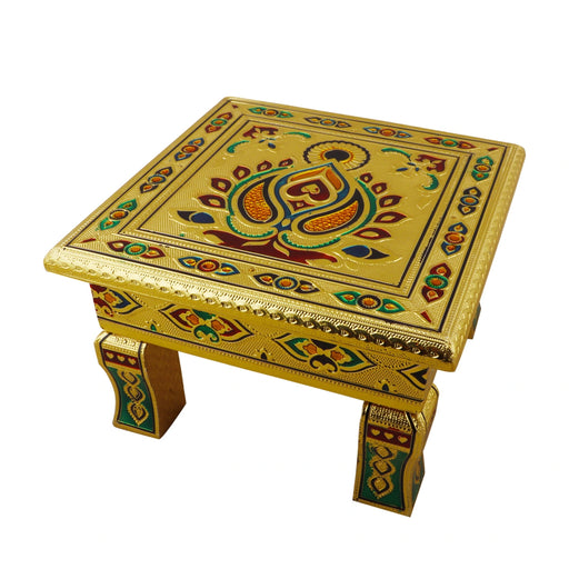 Bajot - 10 x 10 Inches | Silver & Gold Finish Manai/ Patla/ Meenakari Chowki for Pooja - Pooja Aasan & Bajot & Pooja Mat