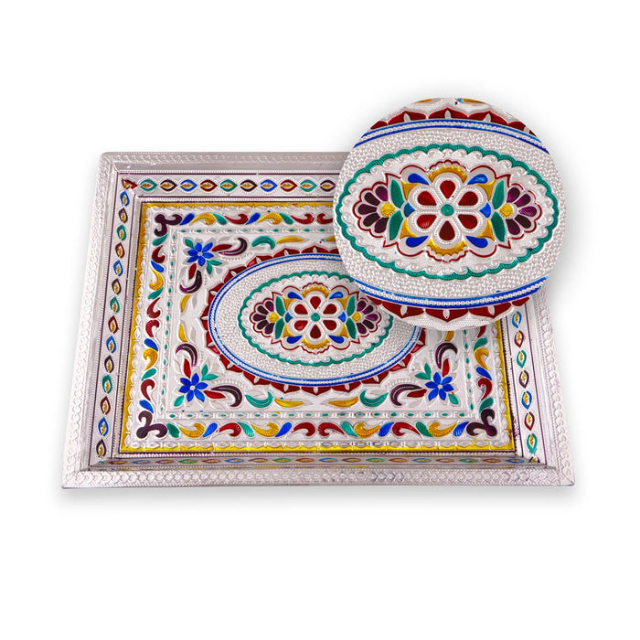 Serving Tray - 1.75 x 16 Inches | Silver & Gold Finish Plate/ Pooja Thali/ Meenakari Plate for Home - Pooja Plate & Tray