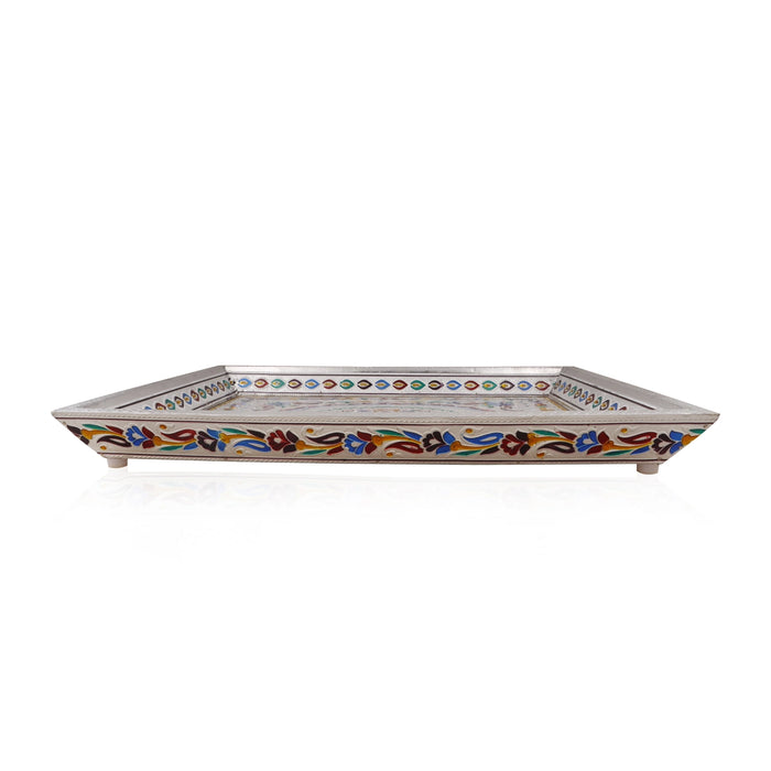 Serving Tray - 1.75 x 16 Inches | Silver & Gold Finish Plate/ Pooja Thali/ Meenakari Plate for Home - Pooja Plate & Tray