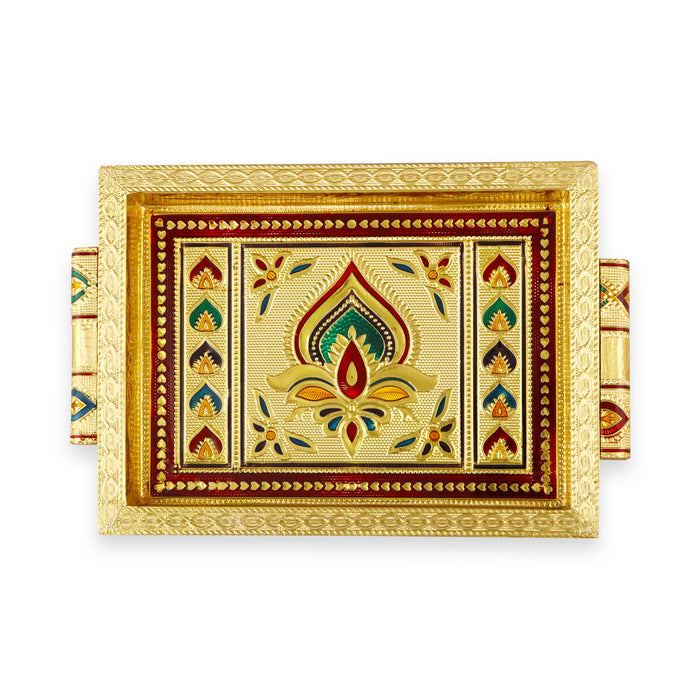 Serving Tray - 7 x 5 Inches |  Silver & Gold Finish/ Aluminium Pooja Plate/ Meenakari Thali Plate for Home - Pooja Plate & Tray