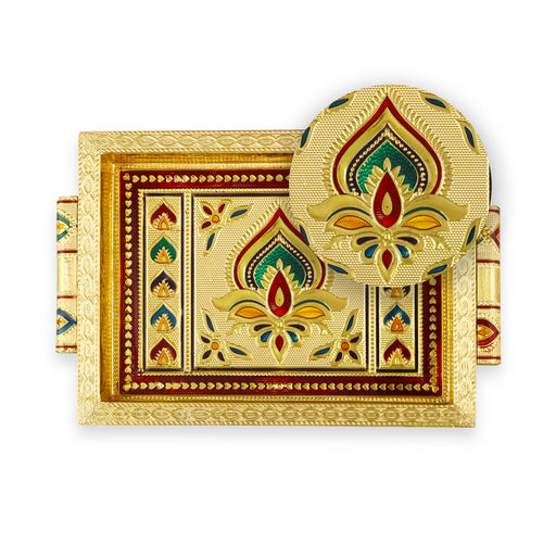 Serving Tray - 7 x 5 Inches |  Silver & Gold Finish/ Aluminium Pooja Plate/ Meenakari Thali Plate for Home - Pooja Plate & Tray