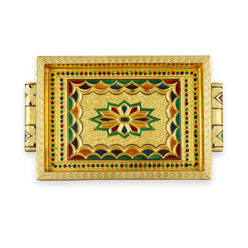 Serving Tray  - 7 x 10 Inches |  Silver & Gold Finish/ Aluminium Pooja Plate/ Meenakari Thali Plate for Home - Pooja Plate & Tray