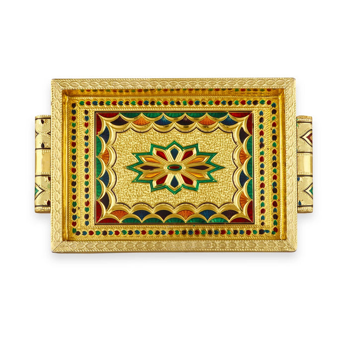 Serving Tray  - 7 x 10 Inches |  Silver & Gold Finish/ Aluminium Pooja Plate/ Meenakari Thali Plate for Home - Pooja Plate & Tray