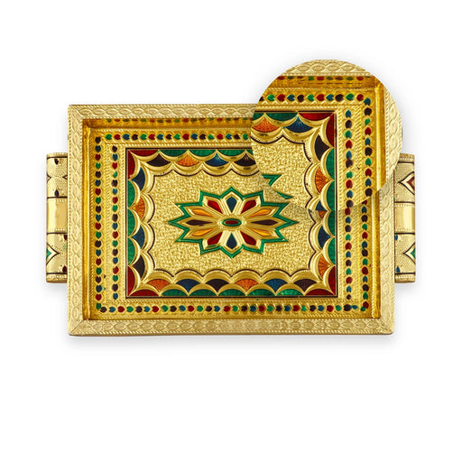 Serving Tray  - 7 x 10 Inches |  Silver & Gold Finish/ Aluminium Pooja Plate/ Meenakari Thali Plate for Home - Pooja Plate & Tray