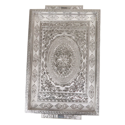 Serving Tray  - 11 x 16 Inches |  Silver & Gold Finish/ Aluminium Pooja Plate/ Meenakari Thali Plate for Home - Pooja Plate & Tray