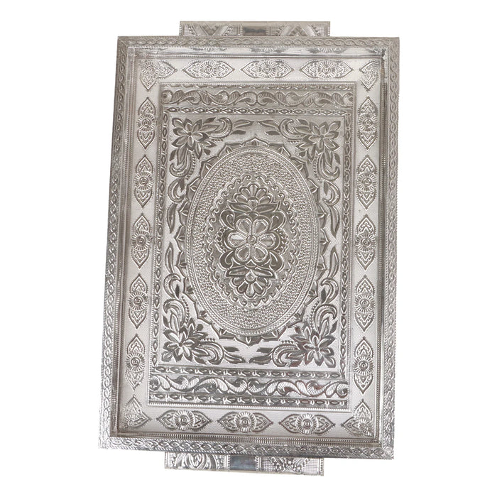 Serving Tray  - 11 x 16 Inches |  Silver & Gold Finish/ Aluminium Pooja Plate/ Meenakari Thali Plate for Home - Pooja Plate & Tray