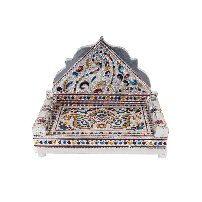 Sinhasan  - 8 x 5  Inches |  Silver & Gold Finish Aasan/ Meenakari Chowki/ Bajot for Deity - Pooja Aasan & Bajot & Pooja Mat