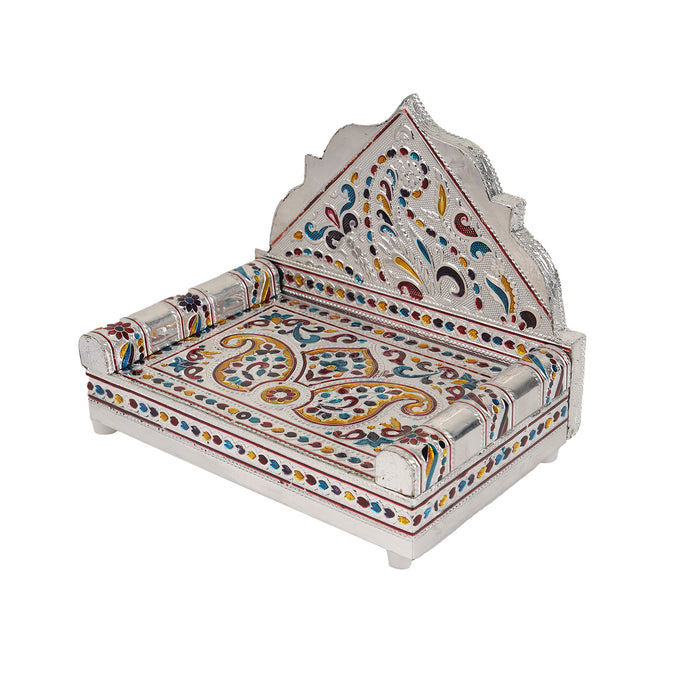 Sinhasan  - 8 x 5  Inches |  Silver & Gold Finish Aasan/ Meenakari Chowki/ Bajot for Deity - Pooja Aasan & Bajot & Pooja Mat