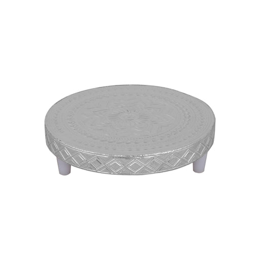 Pooja Chowki Pair - 1.5 x 5.5 Inches | 2 Pcs/ Wooden Bajot/ Silver Polish Patla for Pooja - Pooja Aasan & Bajot & Pooja Mat