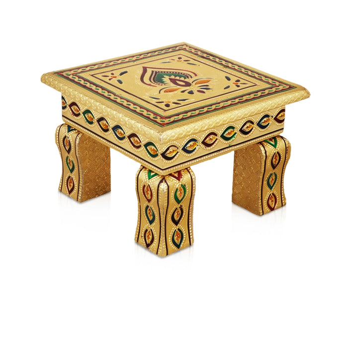 Bajot - 4 x 9 Inches | Silver & Gold Finish Manai/ Patla/ Meenakari Chowki for Pooja - Pooja Aasan & Bajot & Pooja Mat