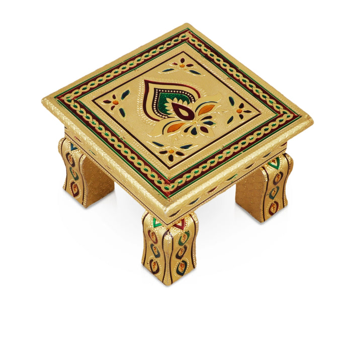 Bajot - 4 x 9 Inches | Silver & Gold Finish Manai/ Patla/ Meenakari Chowki for Pooja - Pooja Aasan & Bajot & Pooja Mat