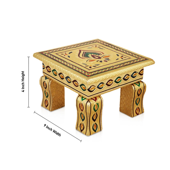 Bajot - 4 x 9 Inches | Silver & Gold Finish Manai/ Patla/ Meenakari Chowki for Pooja - Pooja Aasan & Bajot & Pooja Mat