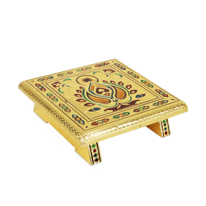 Bajot  - 8 x 8 Inches |  Chowki/ Silver & Gold Finish Manai/ Patla for Pooja - Pooja Aasan & Bajot & Pooja Mat