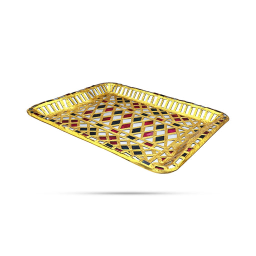 Tanjore Mirror Work Tray - 1 X 14 X 11 Inches | Decorative Plate/ Tanjore Designing Plate For Festive Decor - Pooja Plate & Tray